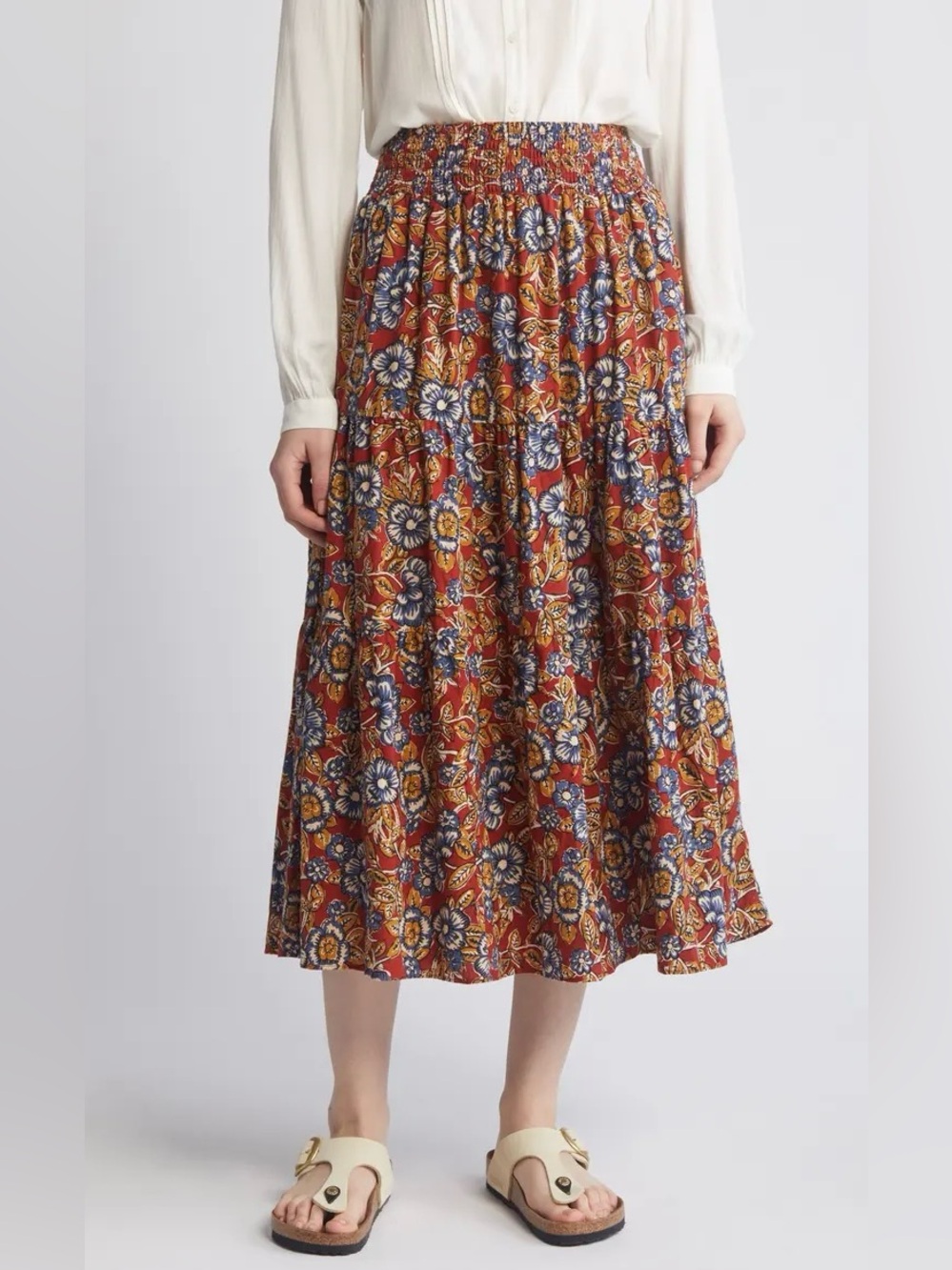 Faherty Harlow Floral Linen Blend Maxi Skirt Red Gold Blue Size Large